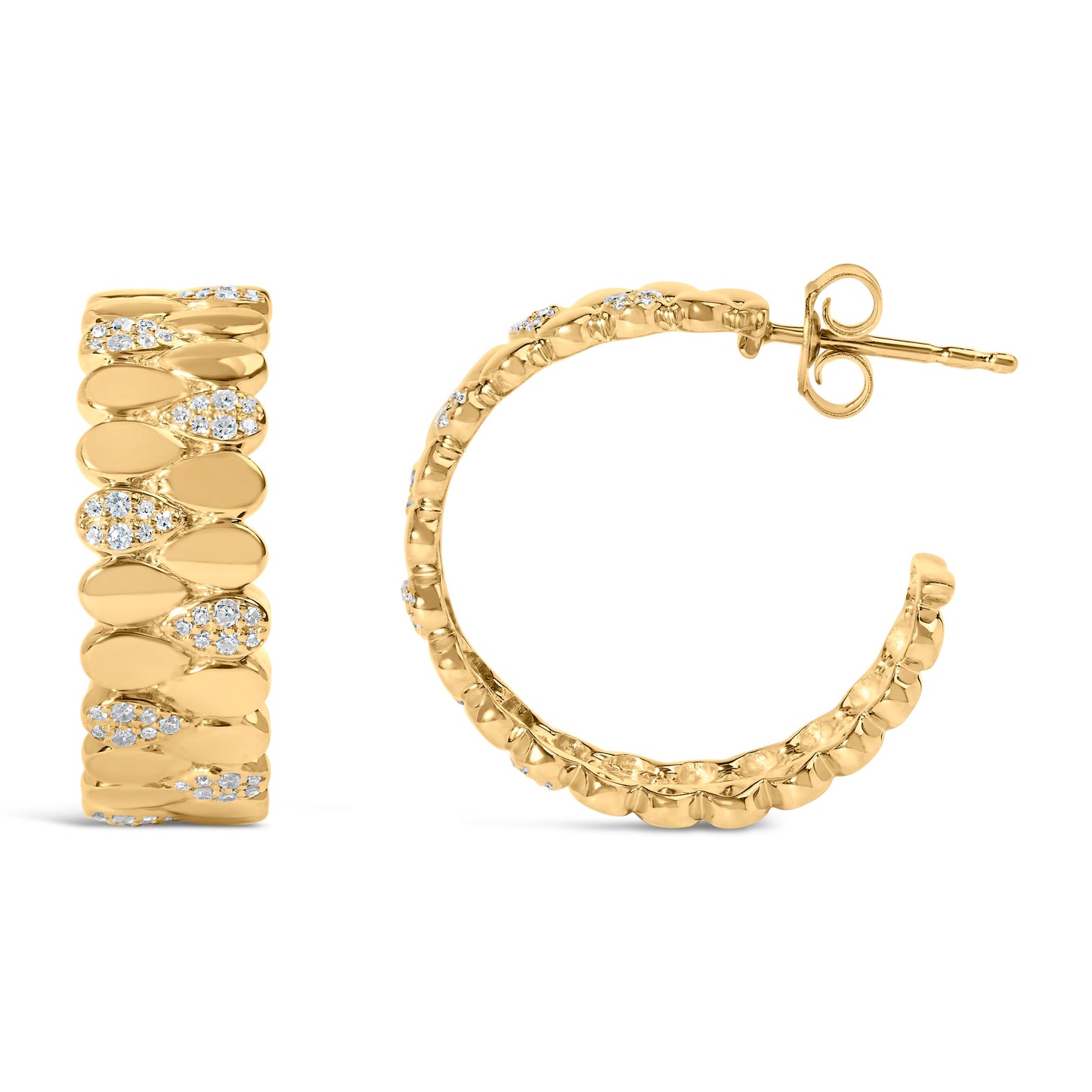 Pendientes J Hoop de enlace en forma de pera con pavé de diamantes chapados en oro amarillo de 14K