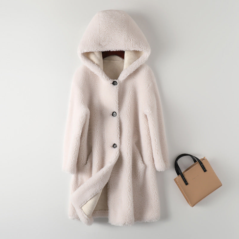 Elegant Women's Hooded Lambswool Coat