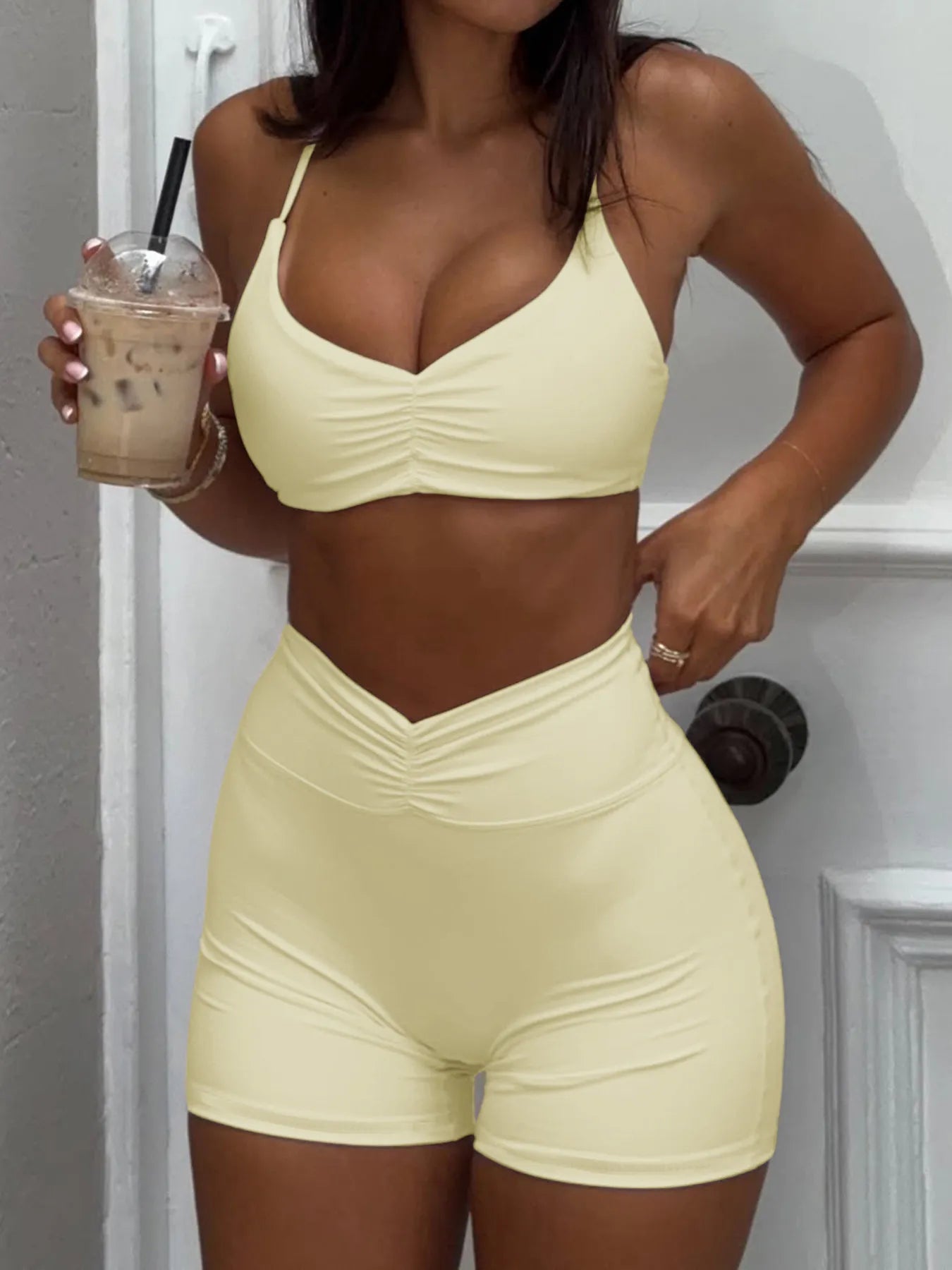Ruched Sports Bra & High-Waisted Shorts Active Set