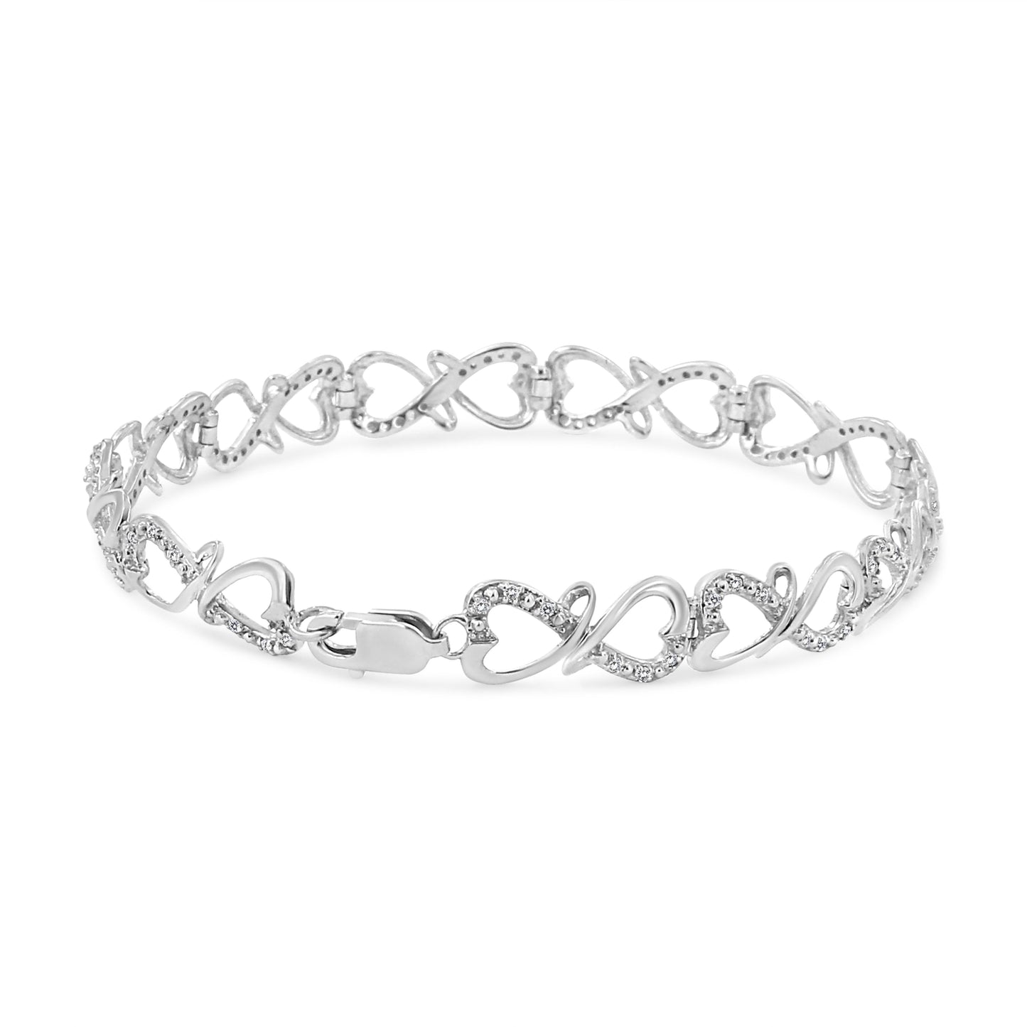 .925 Sterling Silver Double Heart Infinity Link Bracelet with Diamonds