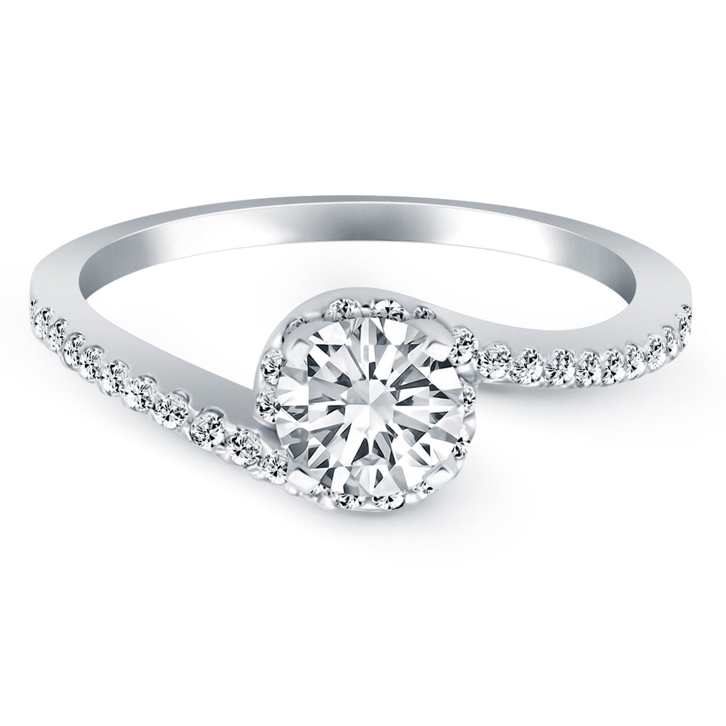 Anillo de Compromiso con Halo de Diamantes en Oro Blanco de 14k con Diseño Bypass