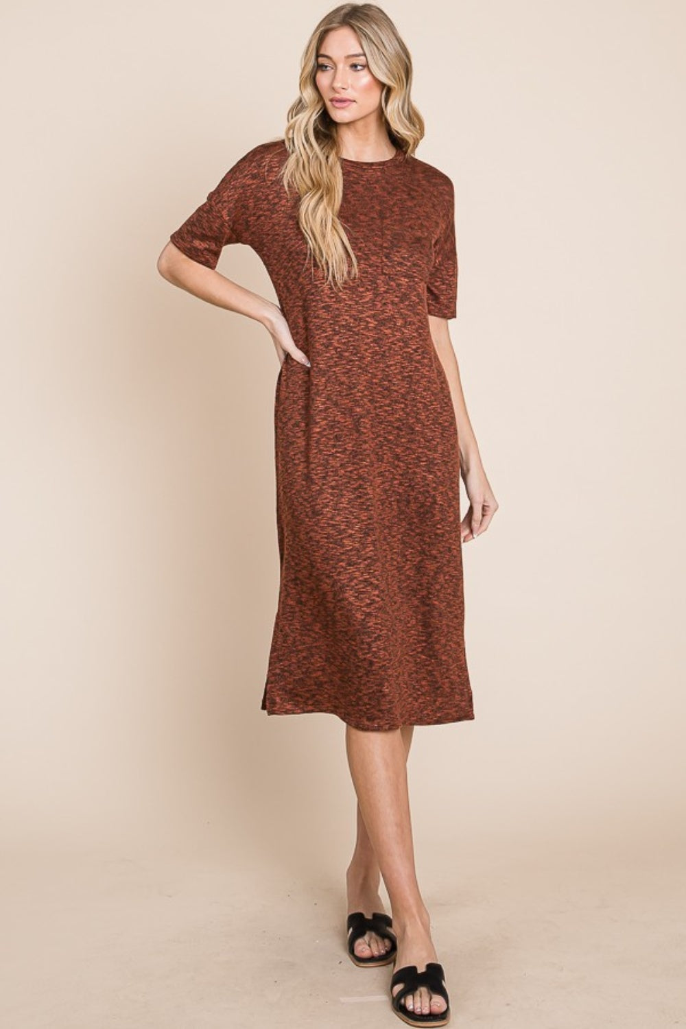 Chic Round Neck Side Slit Midi Dress for Women