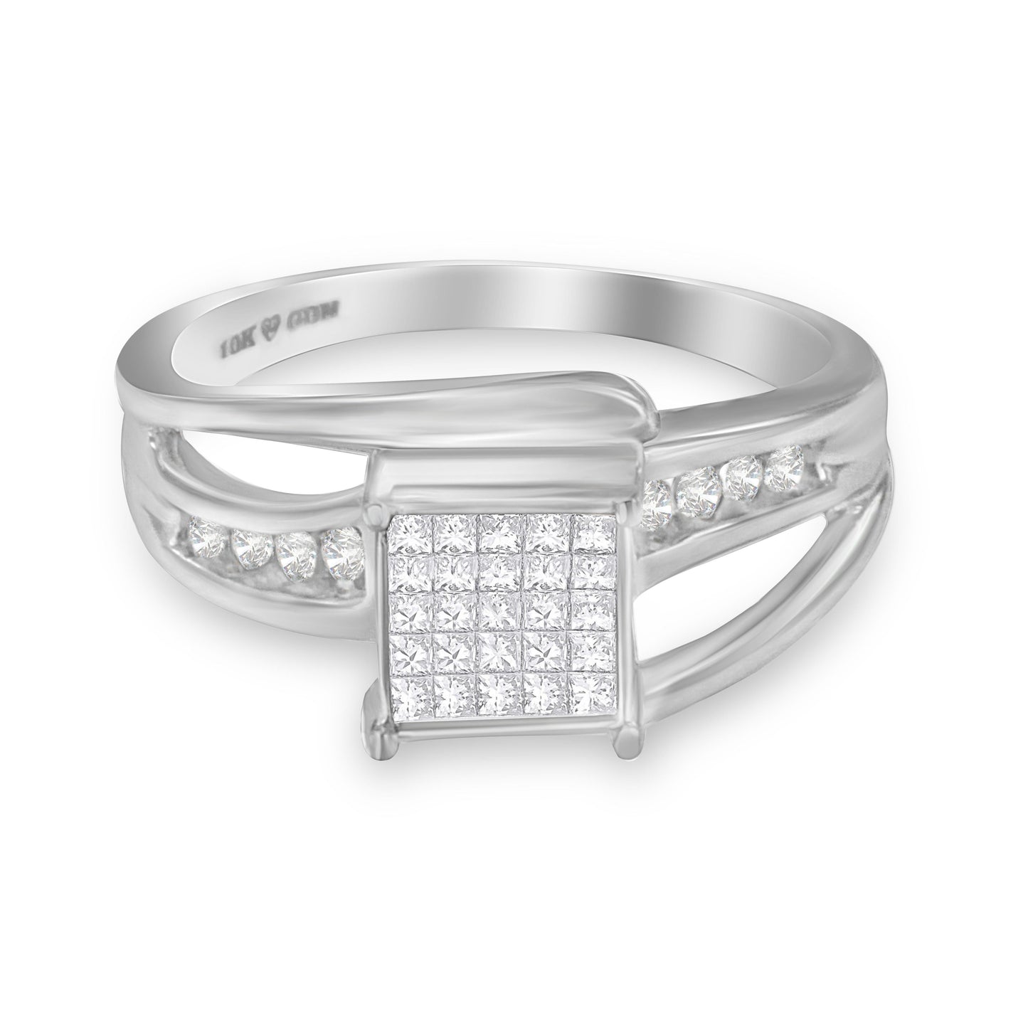 10K White Gold Princess-Cut Diamond Cluster Bypass Ring - Size 7