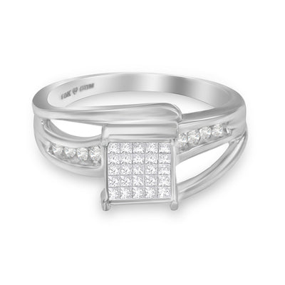 Bague Bypass en Diamant en Cluster Taillé Princesse en Or Blanc 10K - Taille 7
