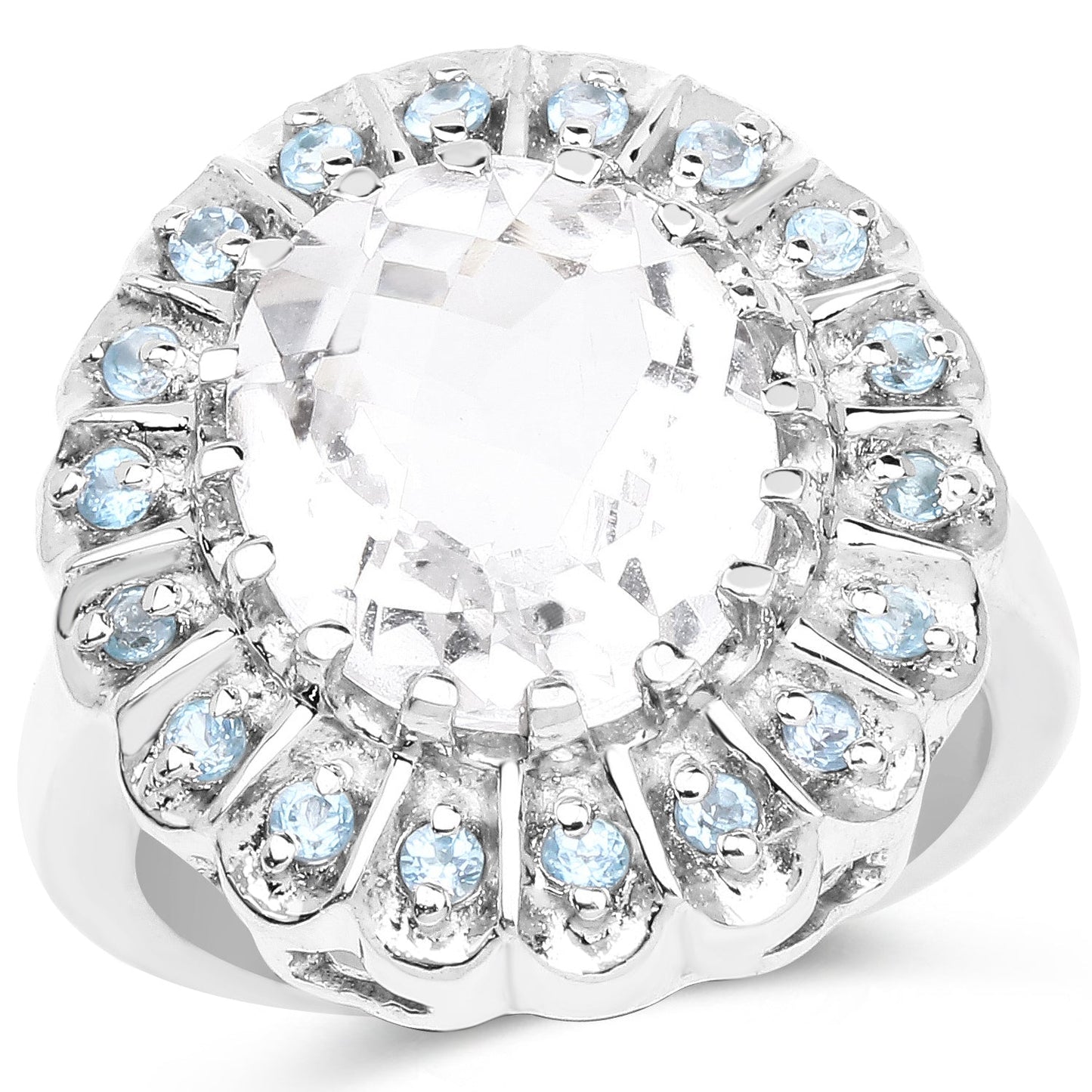Anillo de Plata Esterlina con Cuarzo Cristal de 5.90 Quilates y Topacio Azul Suizo
