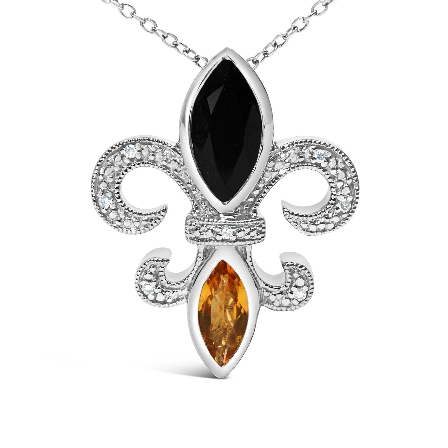 Collier Pendentif Fleur De Lis en Argent Sterling .925 avec Onyx, Citrine et Diamants