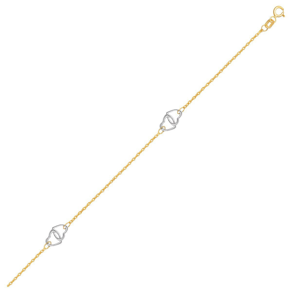 Bracelet de cheville en or bicolore 14k avec cœurs entrelacés