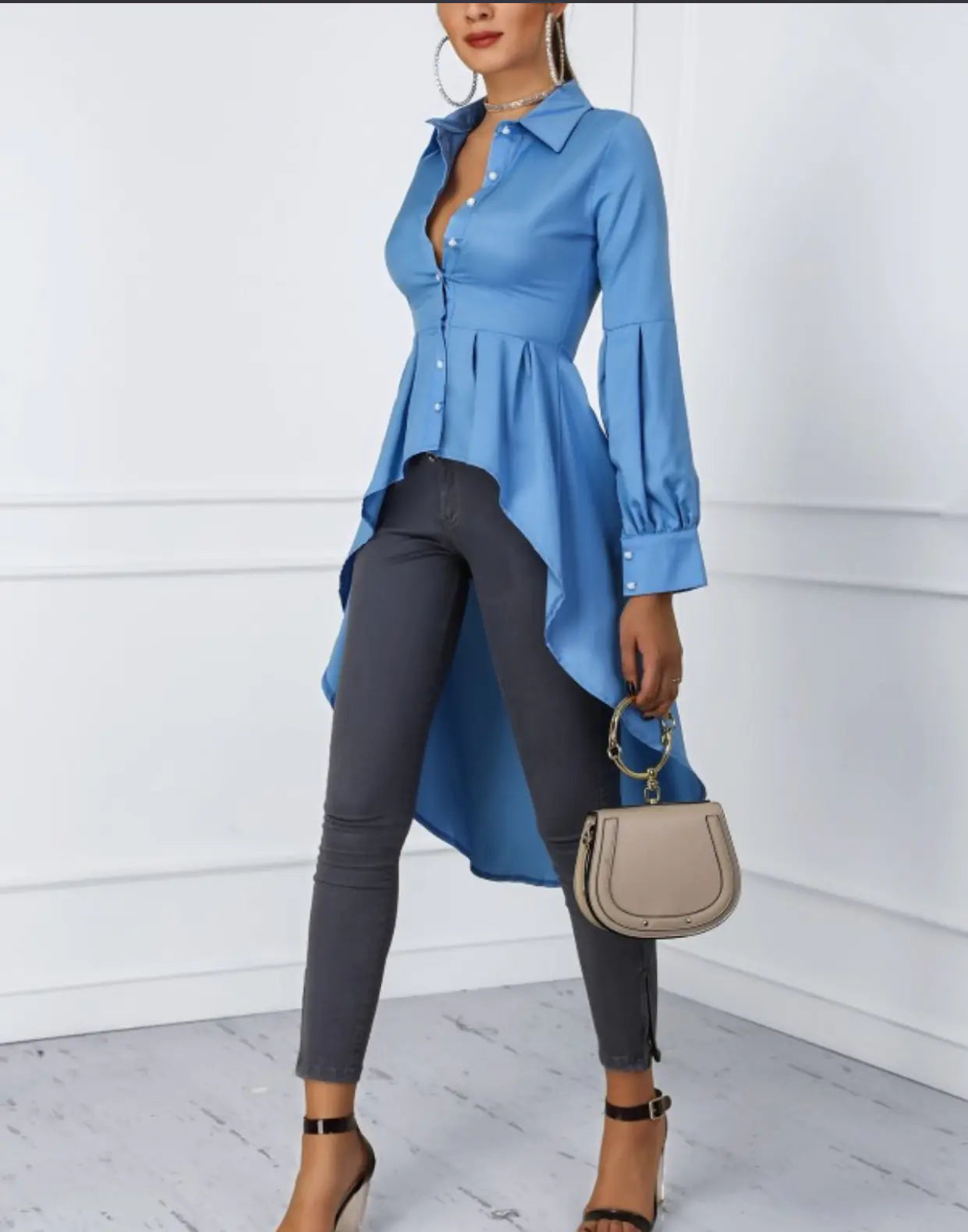 Solid Color Lantern Sleeve Tail Dress