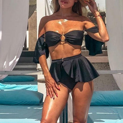 Elegant Black High Waist Bikini Set with Ruffled Design