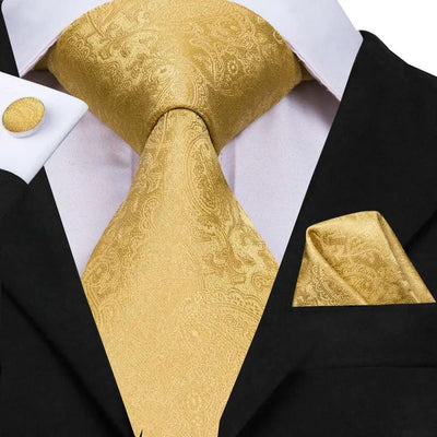Elegant Gold Necktie Set for Men with Handkerchief and Cufflinks