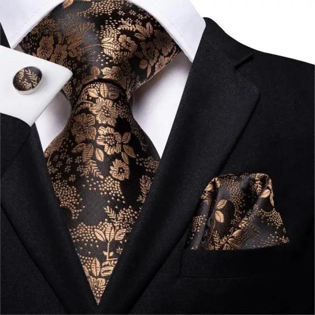 Conjunto de Corbata de Oro Elegante para Hombres con Pañuelo y Gemelos