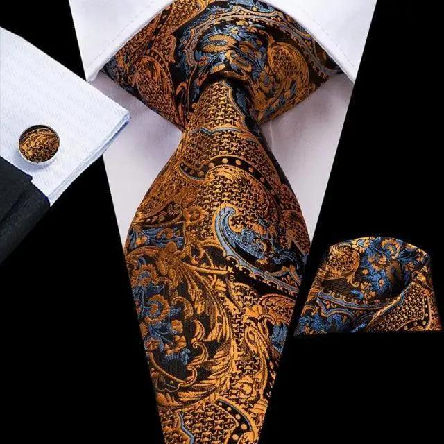 Conjunto de Corbata de Oro Elegante para Hombres con Pañuelo y Gemelos