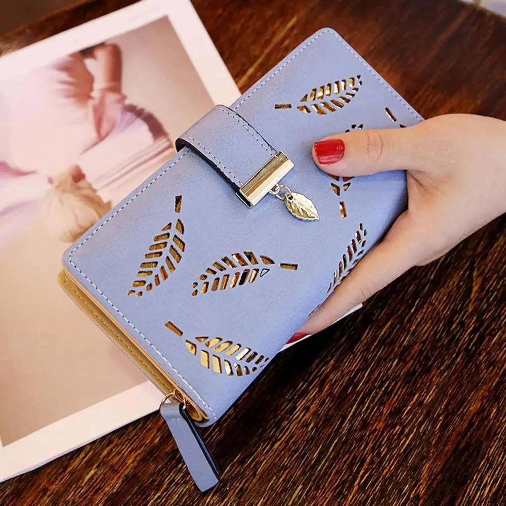 Portefeuille Zippé en PU Cuir avec Feuille Élégante pour Femmes