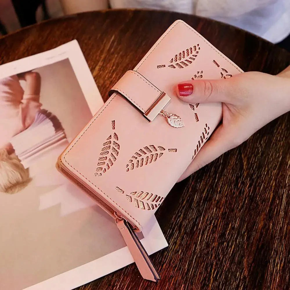 Portefeuille Zippé en PU Cuir avec Feuille Élégante pour Femmes