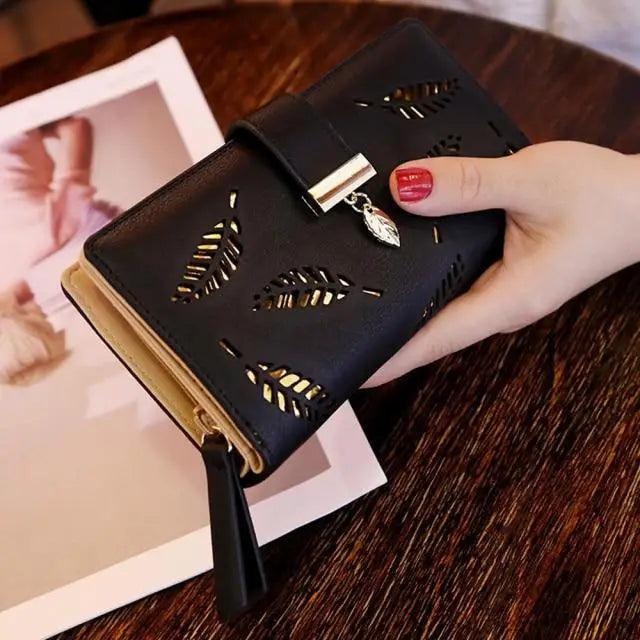 Portefeuille Zippé en PU Cuir avec Feuille Élégante pour Femmes