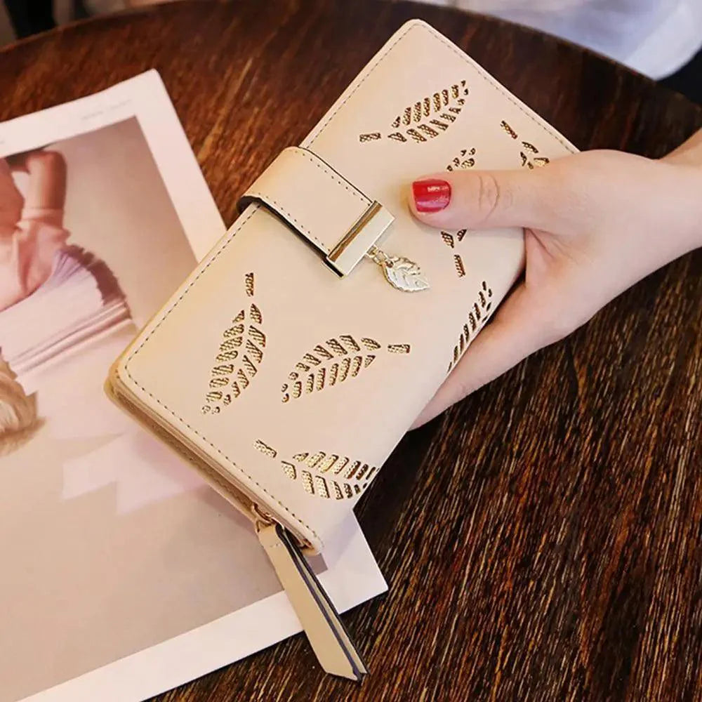 Portefeuille Zippé en PU Cuir avec Feuille Élégante pour Femmes