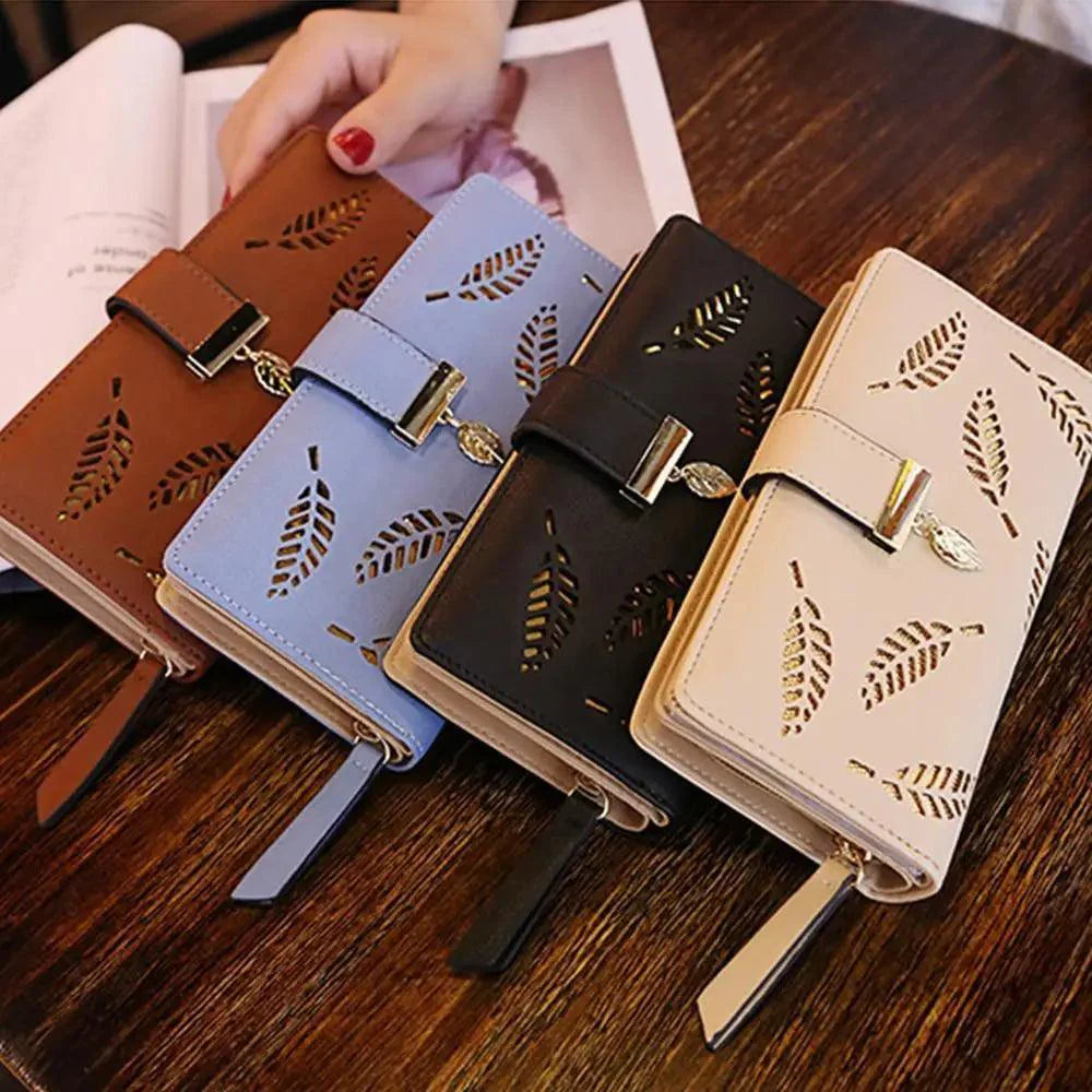 Portefeuille Zippé en PU Cuir avec Feuille Élégante pour Femmes