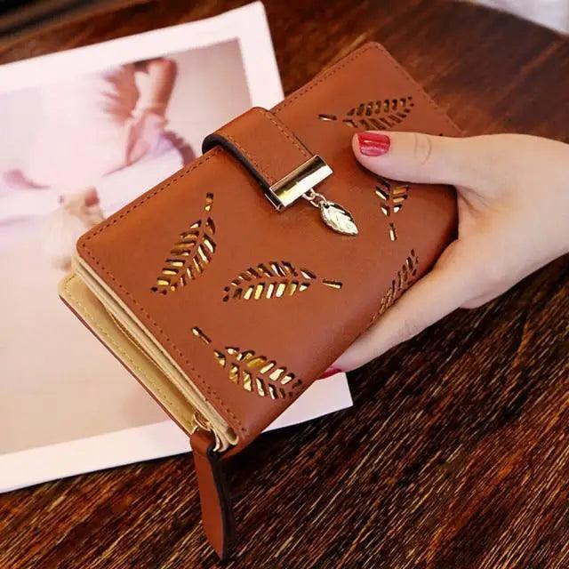 Portefeuille Zippé en PU Cuir avec Feuille Élégante pour Femmes