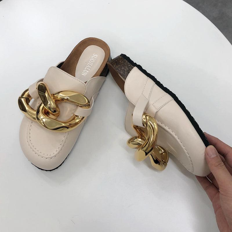 Elegant Women’s Closed Toe Slip-On Flats with Gold Chain