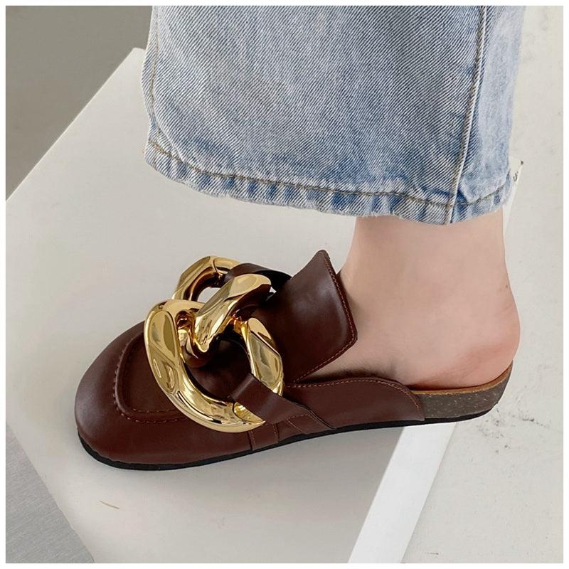 Elegant Women’s Closed Toe Slip-On Flats with Gold Chain