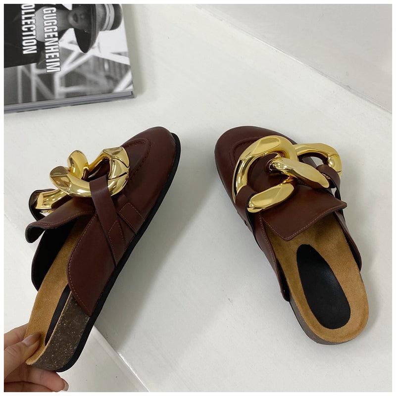 Elegant Women’s Closed Toe Slip-On Flats with Gold Chain