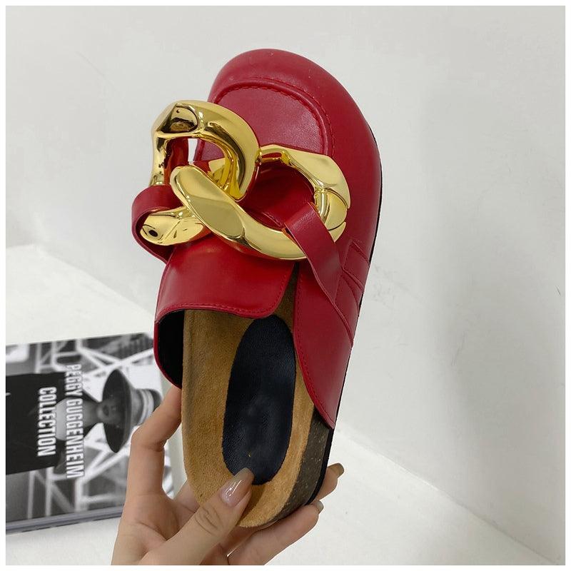 Elegant Women’s Closed Toe Slip-On Flats with Gold Chain