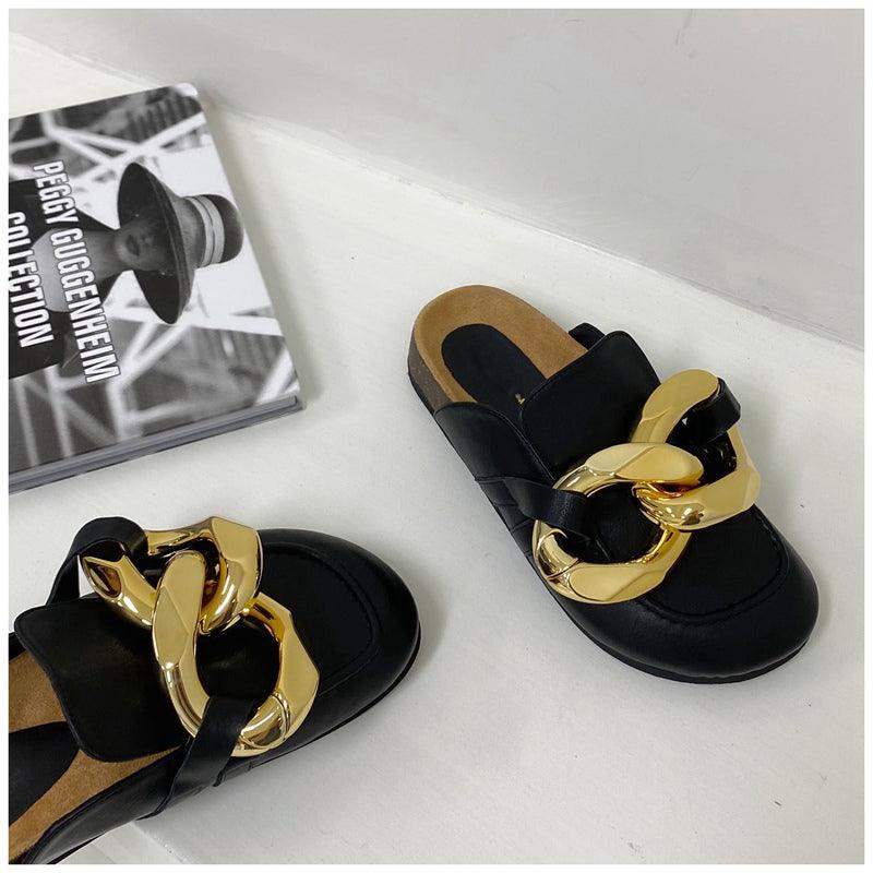 Elegant Women’s Closed Toe Slip-On Flats with Gold Chain