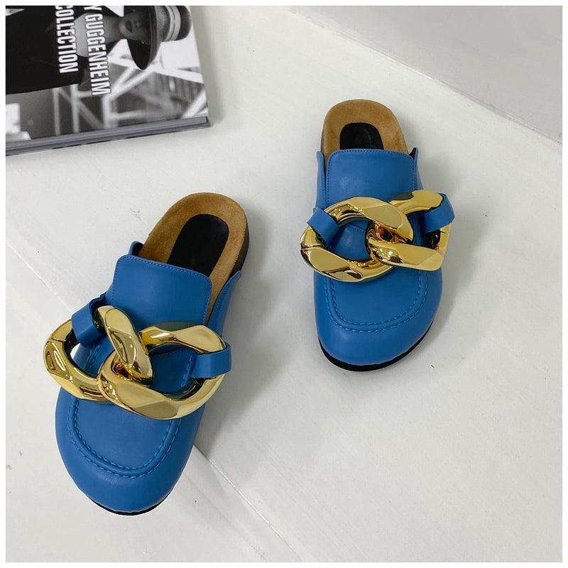 Elegant Women’s Closed Toe Slip-On Flats with Gold Chain
