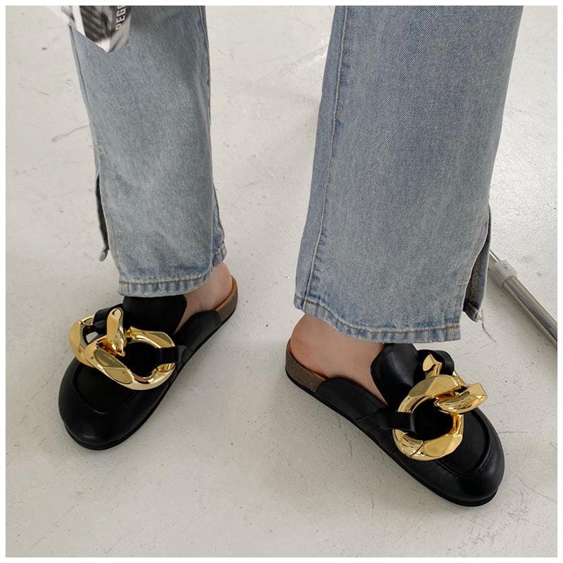 Elegant Women’s Closed Toe Slip-On Flats with Gold Chain