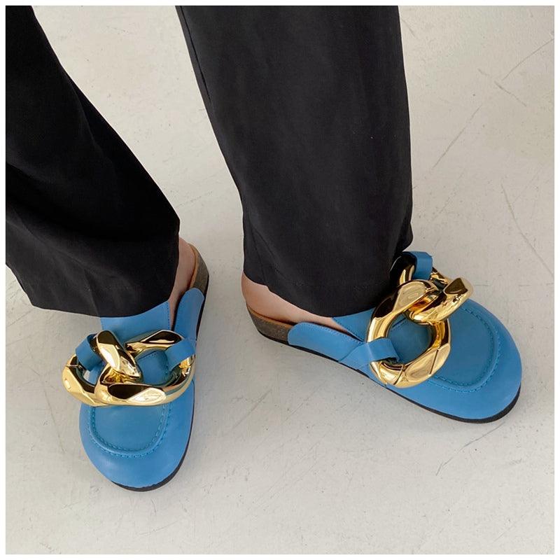 Elegant Women’s Closed Toe Slip-On Flats with Gold Chain