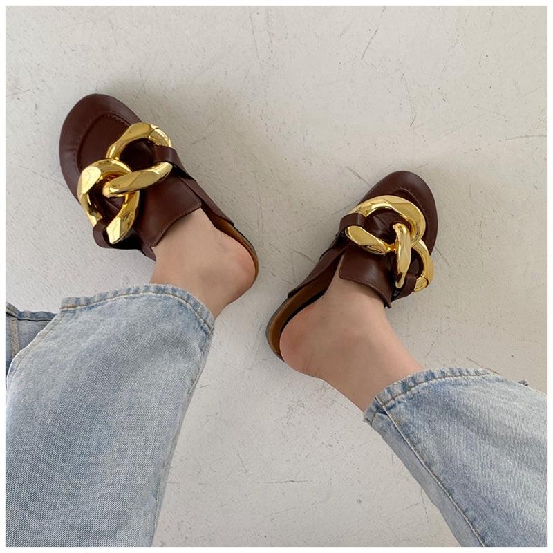Elegant Women’s Closed Toe Slip-On Flats with Gold Chain