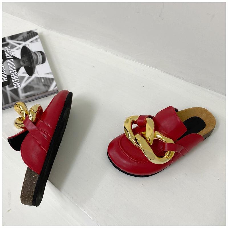 Elegant Women’s Closed Toe Slip-On Flats with Gold Chain