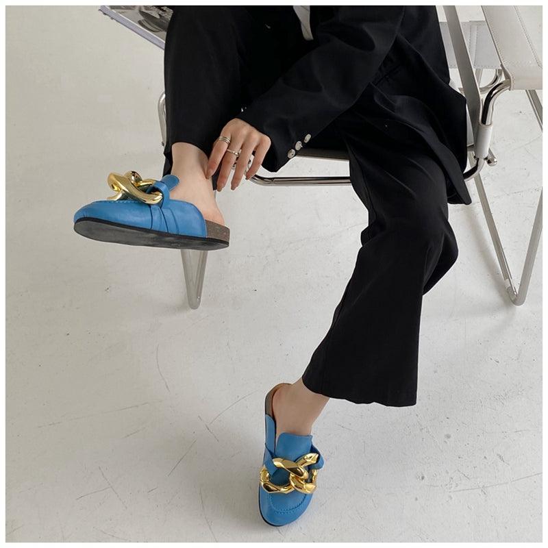 Elegant Women’s Closed Toe Slip-On Flats with Gold Chain