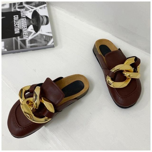 Elegant Women’s Closed Toe Slip-On Flats with Gold Chain