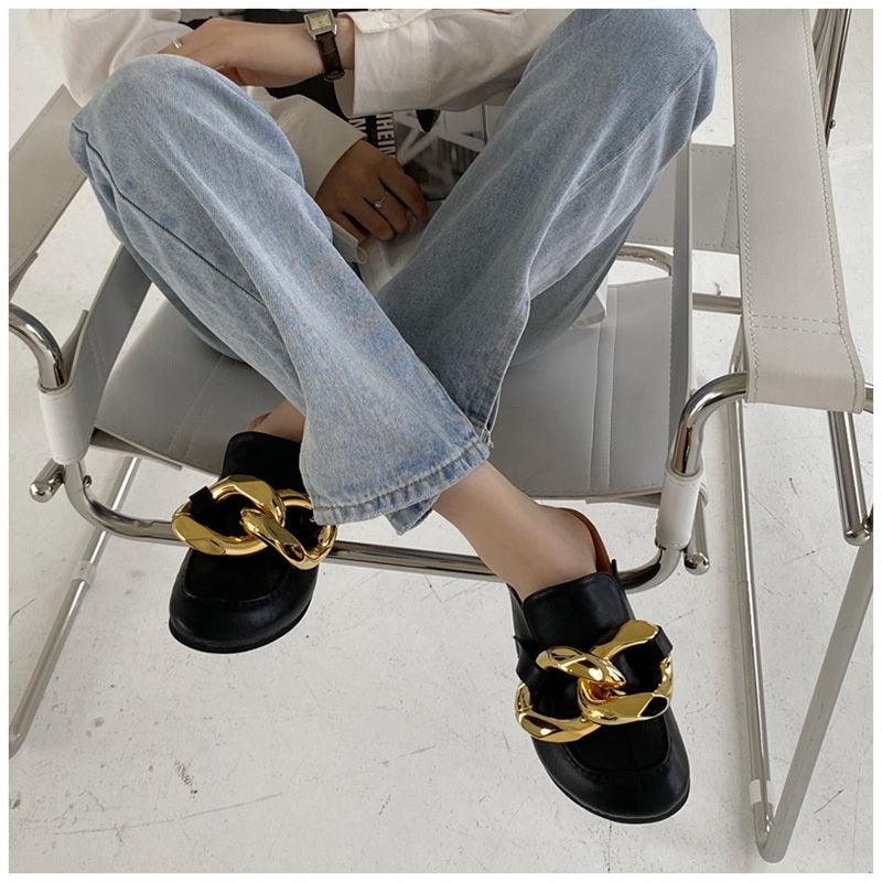 Elegant Women’s Closed Toe Slip-On Flats with Gold Chain