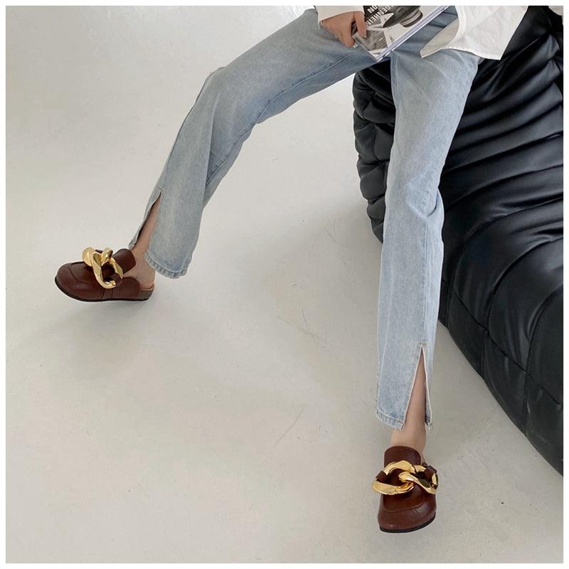 Elegant Women’s Closed Toe Slip-On Flats with Gold Chain