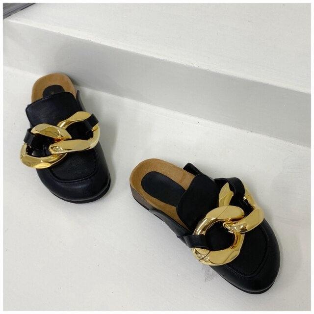 Elegant Women’s Closed Toe Slip-On Flats with Gold Chain