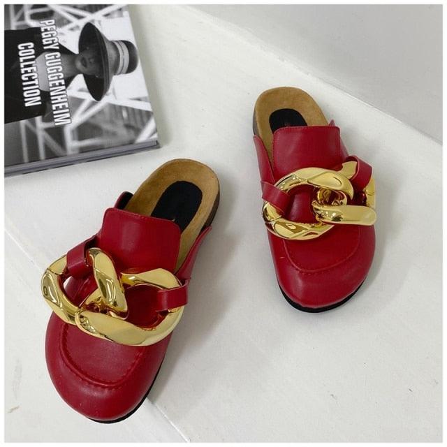 Elegant Women’s Closed Toe Slip-On Flats with Gold Chain