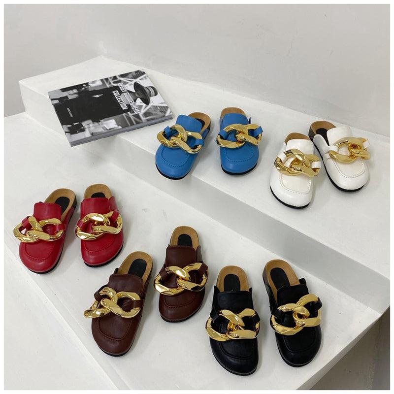 Elegant Women’s Closed Toe Slip-On Flats with Gold Chain