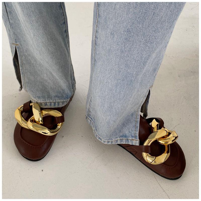 Elegant Women’s Closed Toe Slip-On Flats with Gold Chain
