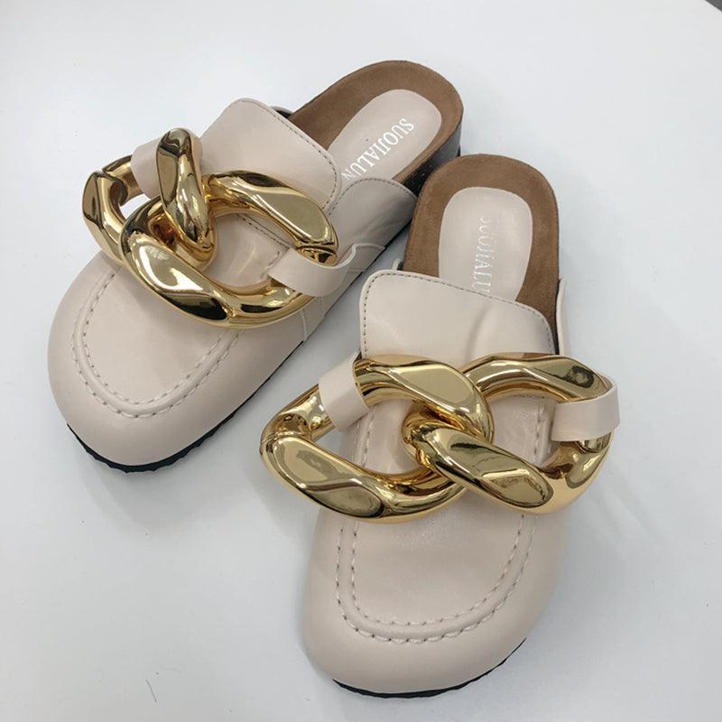 Elegant Women’s Closed Toe Slip-On Flats with Gold Chain