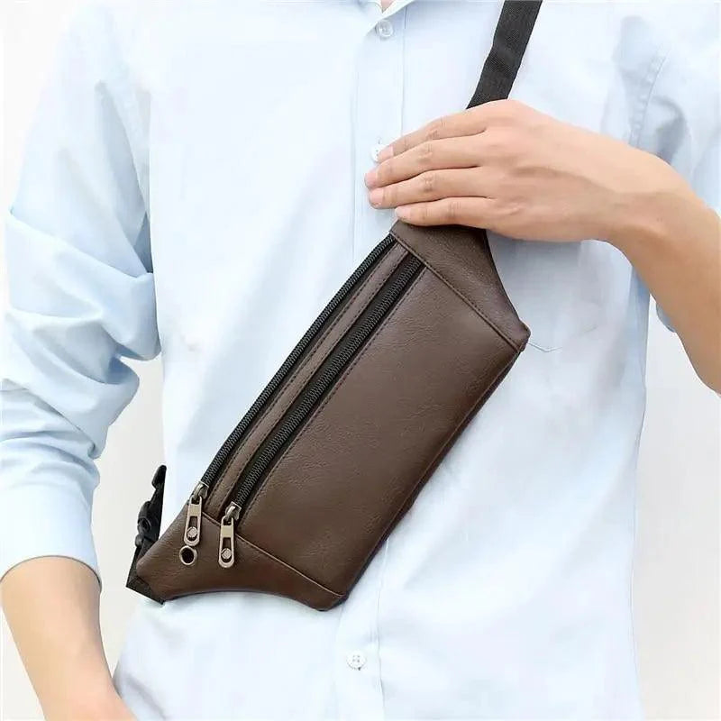 Elegant Black Men's Leather Waist Bag with Adjustable Strap