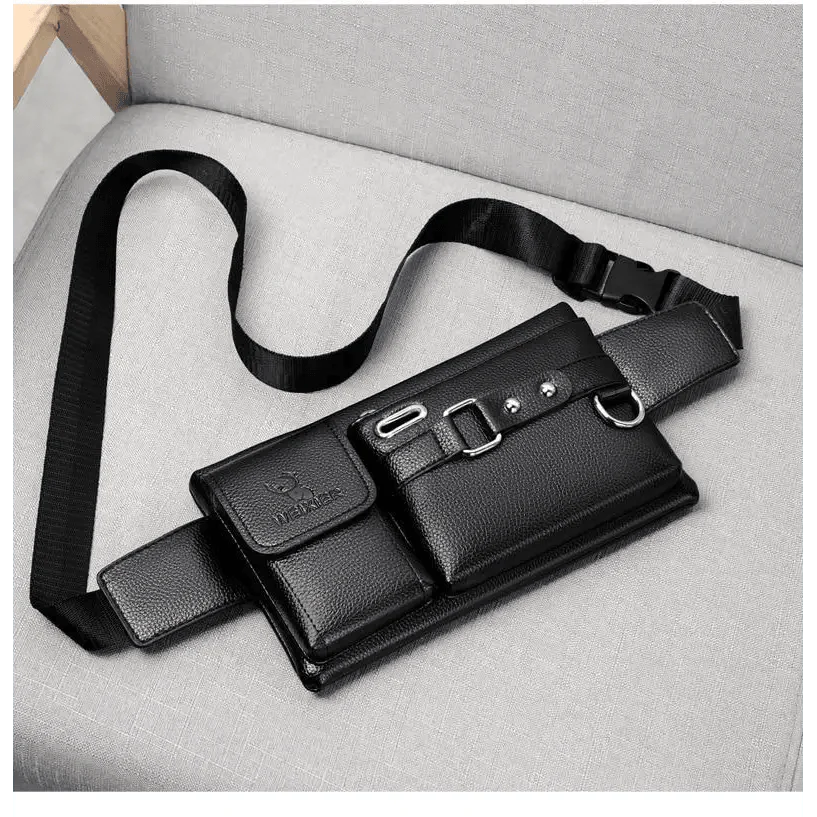 Elegant Black Men's Leather Waist Bag with Adjustable Strap