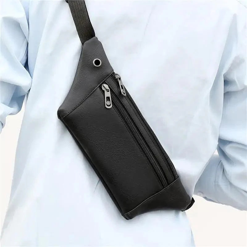 Elegant Black Men's Leather Waist Bag with Adjustable Strap