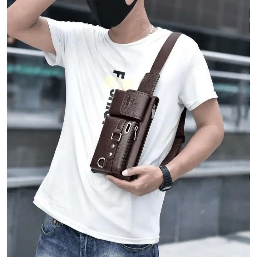 Elegant Black Men's Leather Waist Bag with Adjustable Strap