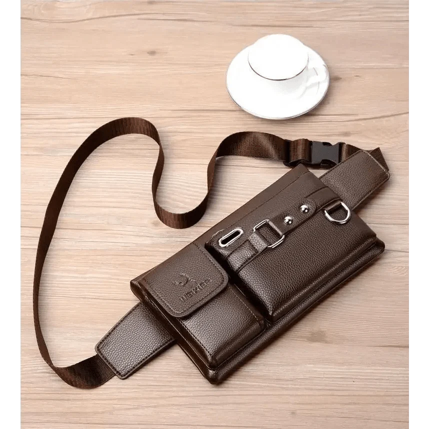 Elegant Black Men's Leather Waist Bag with Adjustable Strap