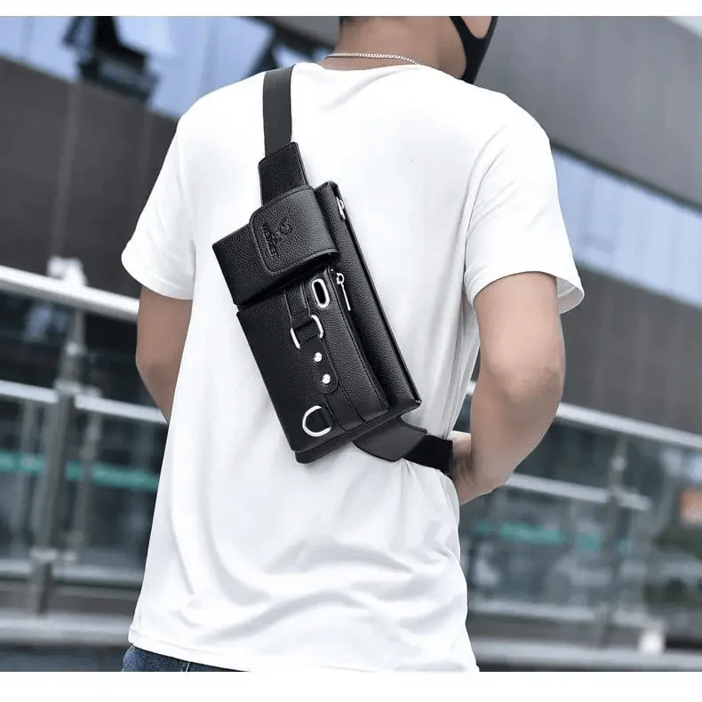 Elegant Black Men's Leather Waist Bag with Adjustable Strap