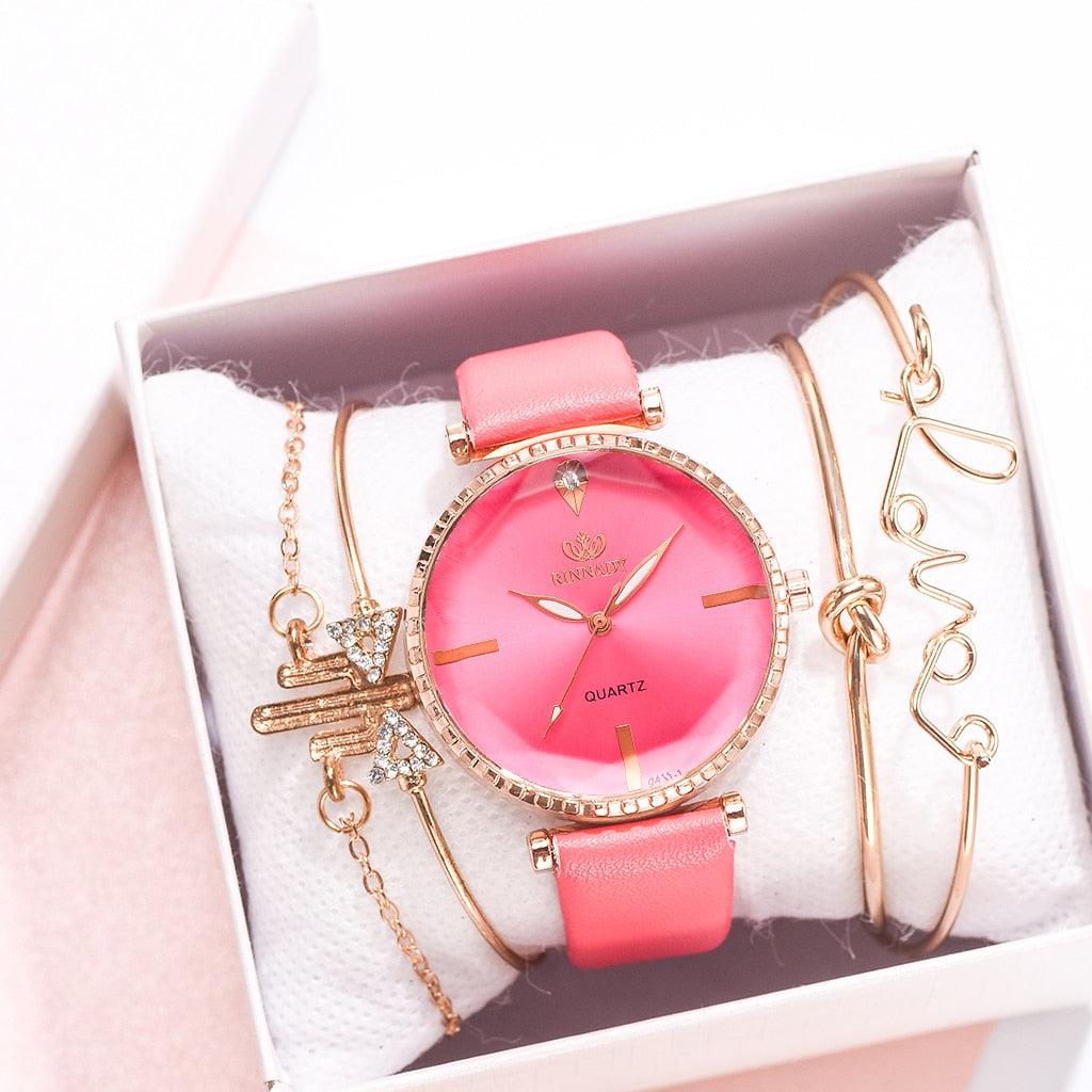 Montre analogique à quartz de luxe pour femmes avec bracelet en cuir élégant