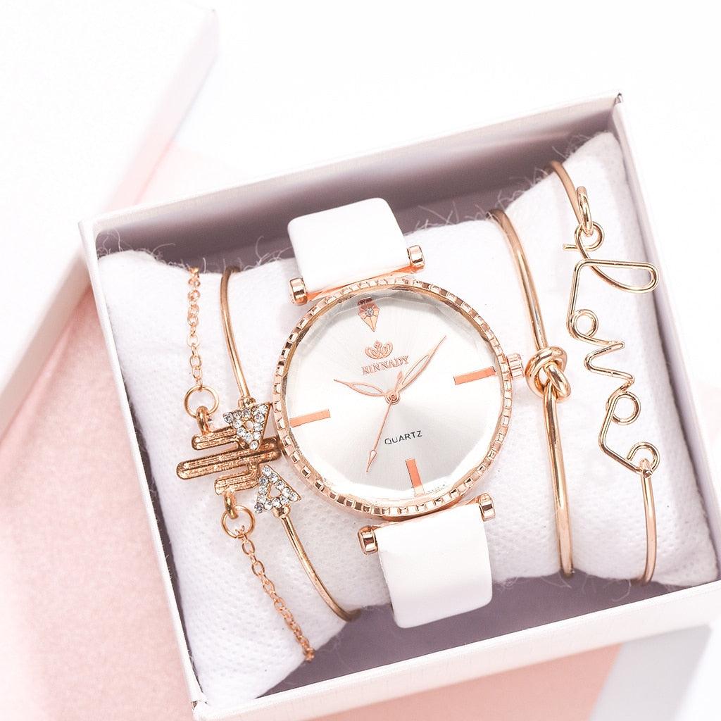 Montre analogique à quartz de luxe pour femmes avec bracelet en cuir élégant