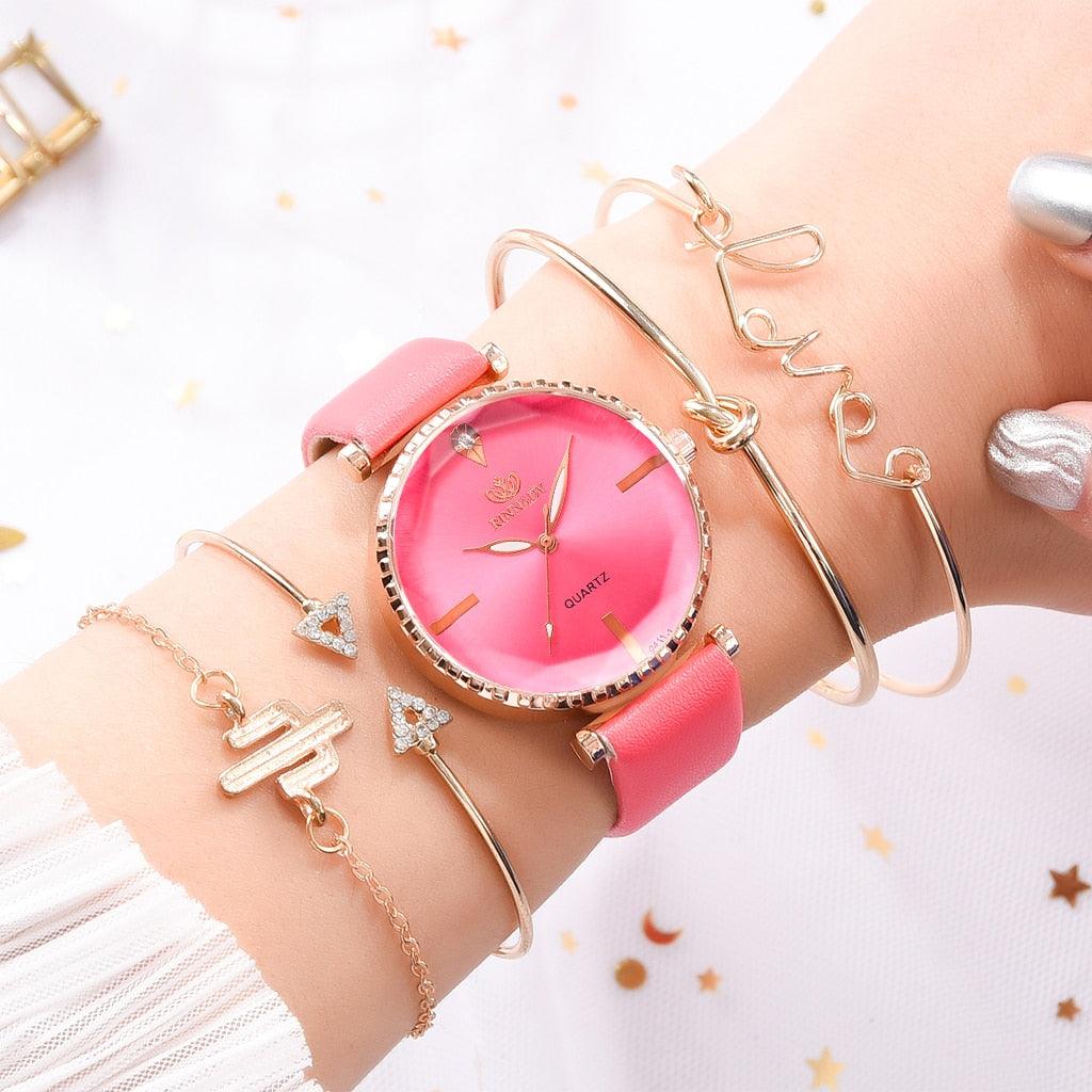 Montre analogique à quartz de luxe pour femmes avec bracelet en cuir élégant